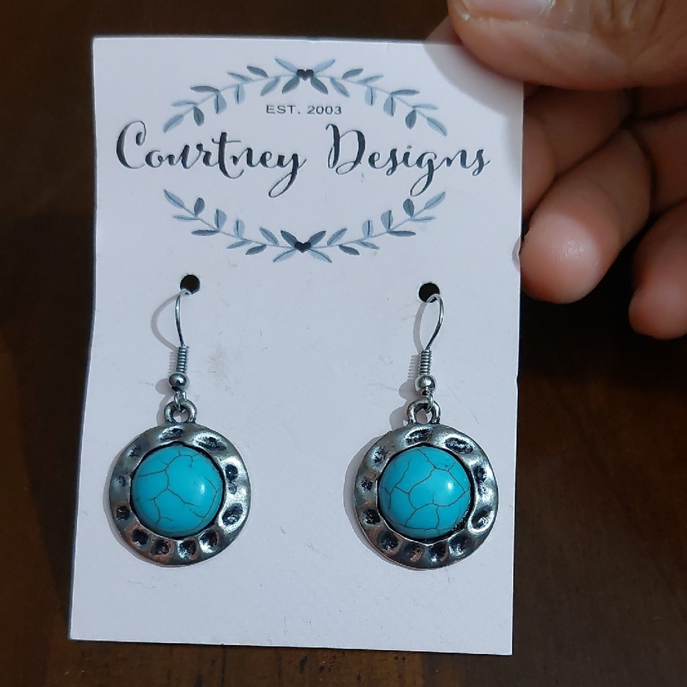 Boho Howlite Turquoise With Hammered Metal Dangle Earrings